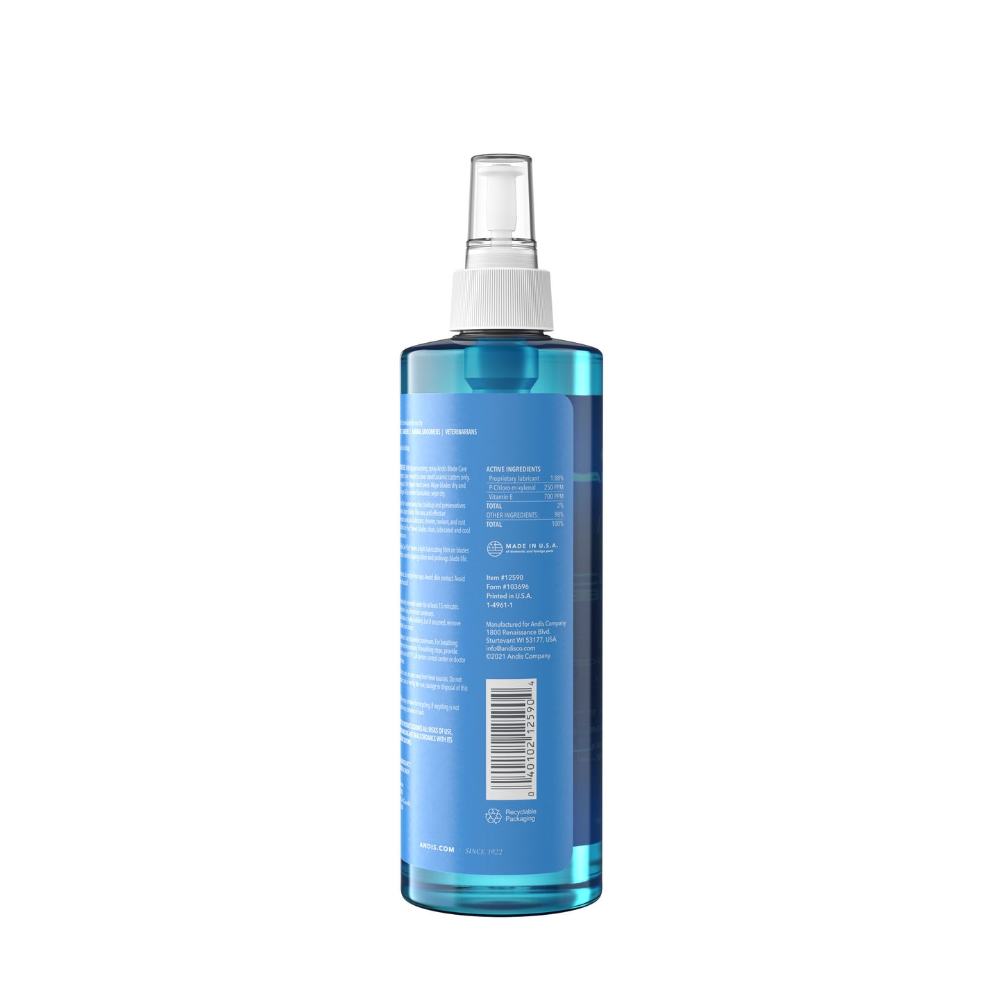 Andis 7-in-1 Blade Care Plus Spray Side of Bottle