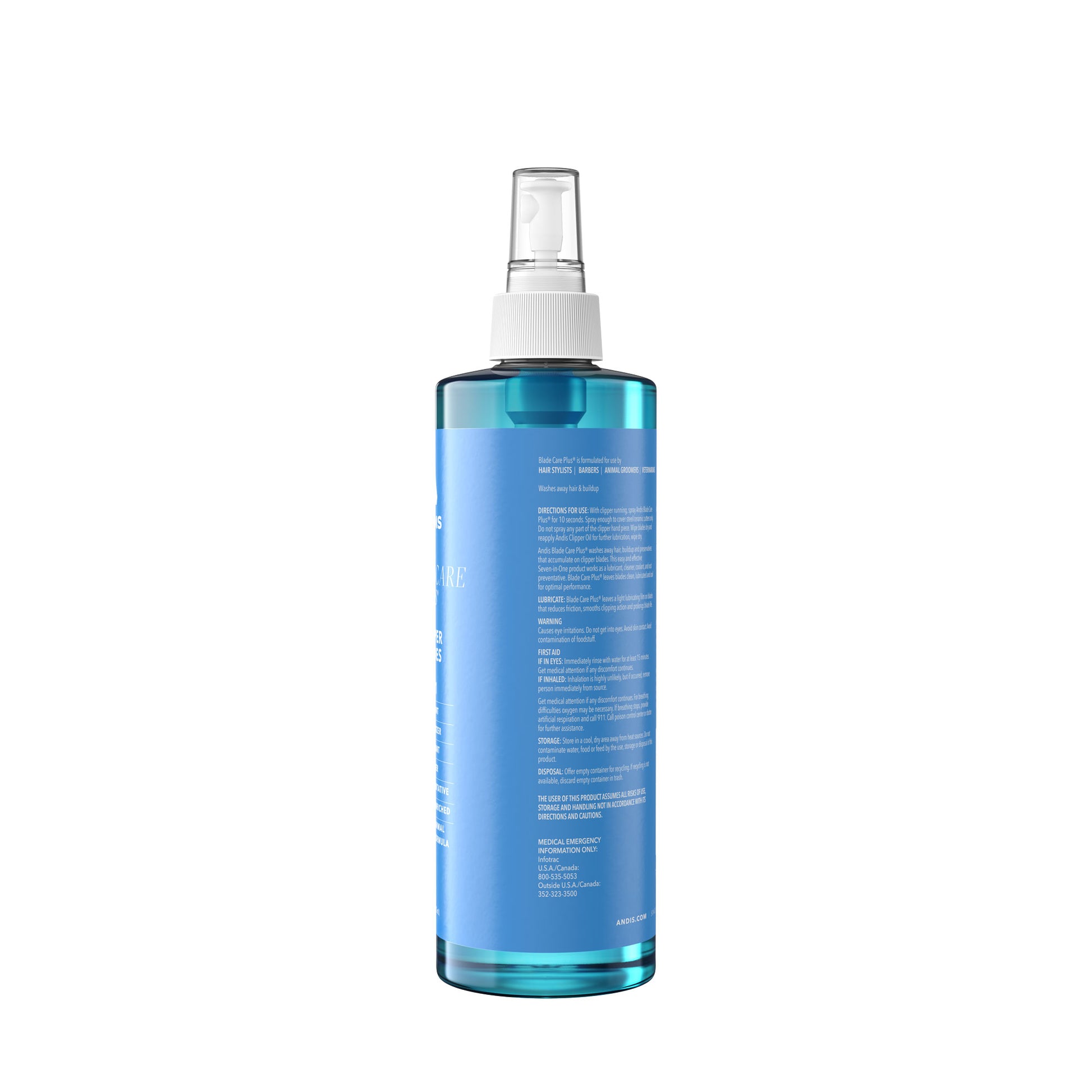 Andis 7-in-1 Blade Care Plus Spray Side of Bottle