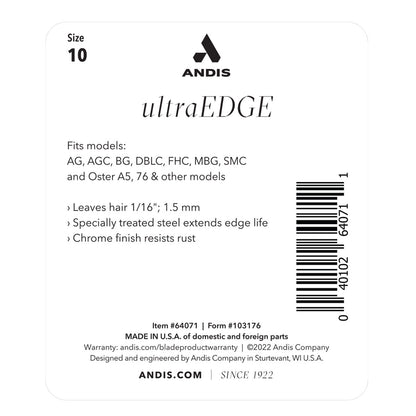 Andis #10 UltraEdge Detachable Blade Back of Pack